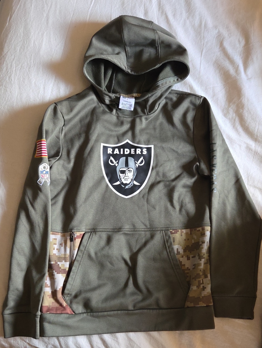 Nike NFL Olive Green Raiders Pullover Hoodie with Camo Accents